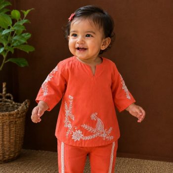 Coral Orange Embroidered Kurti and Tulip Pant Set