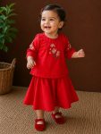 Ruby Red Embroidered Floral Kurti and Skirt Set