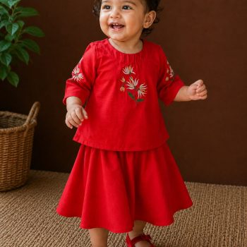 Ruby Red Embroidered Floral Kurti and Skirt Set