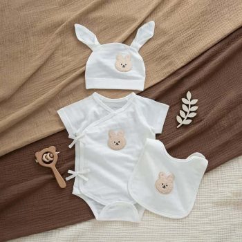 Little Bunny 3-Piece Kimono Romper, Bib & Ear Beanie Set