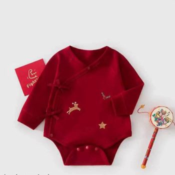 Red Deer Embroidery Baby – Long Sleeve Cotton Romper
